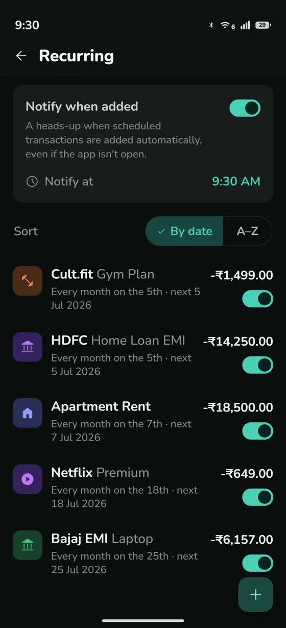 Spends recurring payments screen